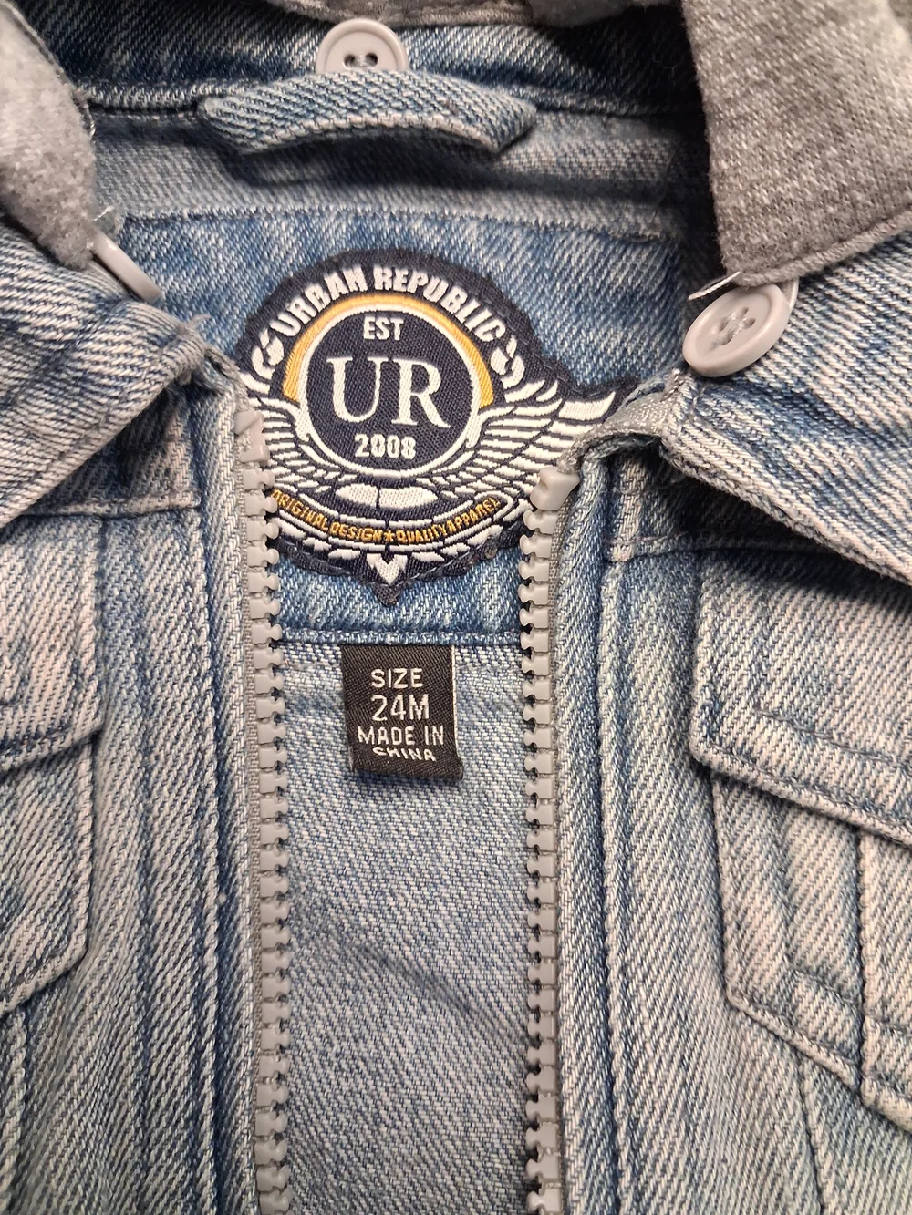 Urban Republic Light Blue Denim Jacket with Gray Hooded Sleeves